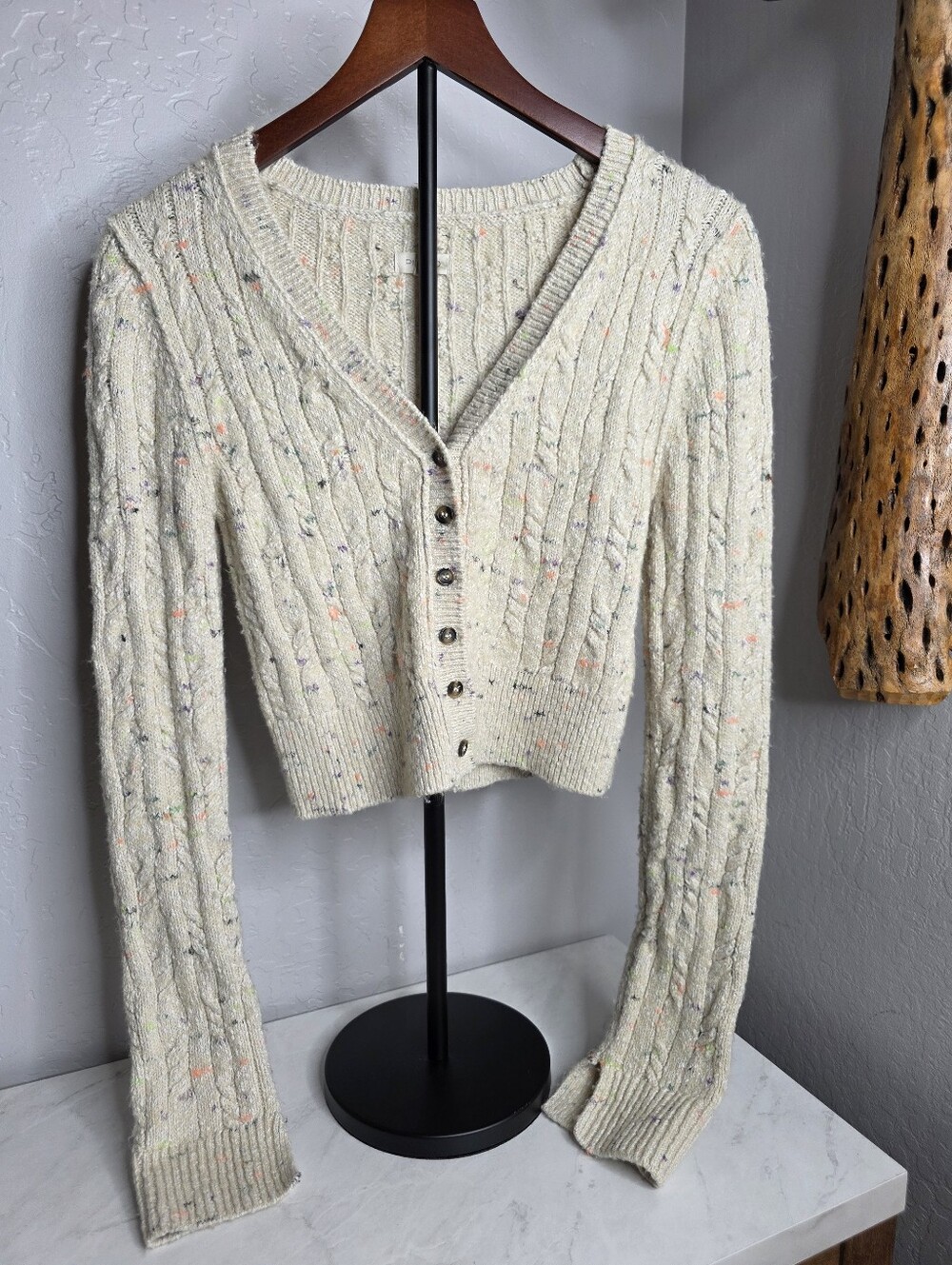 Pilcro Anthropologie Micro Cream Speckled Cardigan Sweater Size Small - Picture 5 of 11